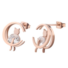 Latest Rose Gold Double Moon CZ Stone Cat Carried Stainless Steel Women Earring Studs Wholesale